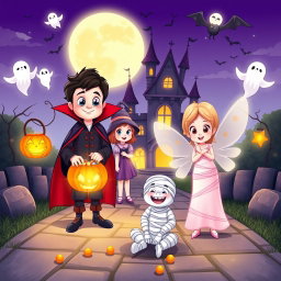 A high-quality, detailed, and soft 2D digital illustration in Disney–Pixar storybook style, designed for a Halloween Coloring Book for Kids aged 5–10