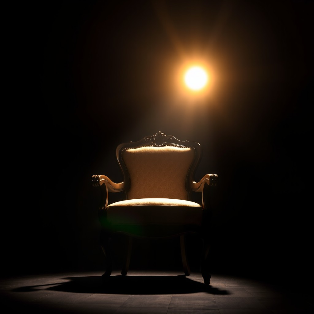 A beautifully designed chair bathed in a warm spotlight glow
