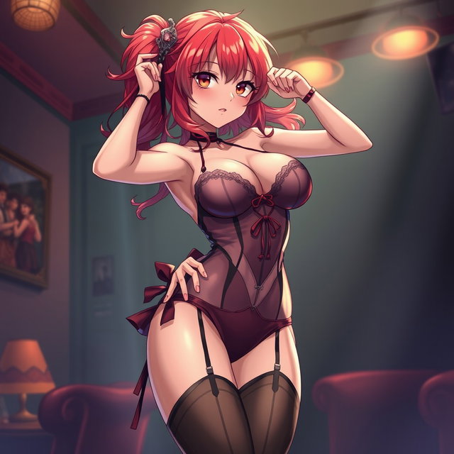 A provocative anime-style illustration of a confident character performing a seductive striptease, featuring intricate details in her attire and expressive movements