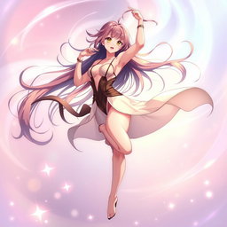 An enchanting anime-style illustration of a confident character dancing sensually in the air, enveloped in a dreamy atmosphere