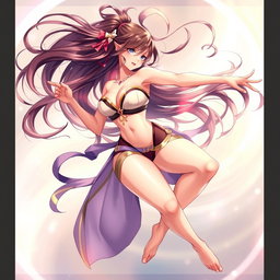 An enchanting anime-style illustration of a confident character dancing sensually in the air, enveloped in a dreamy atmosphere