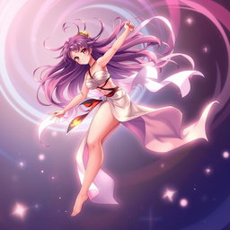 An enchanting anime-style illustration of a confident character dancing sensually in the air, enveloped in a dreamy atmosphere