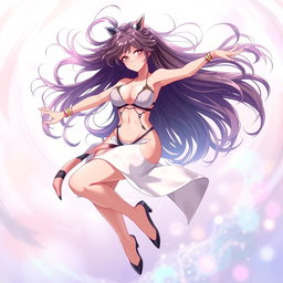 An enchanting anime-style illustration of a confident character dancing sensually in the air, enveloped in a dreamy atmosphere