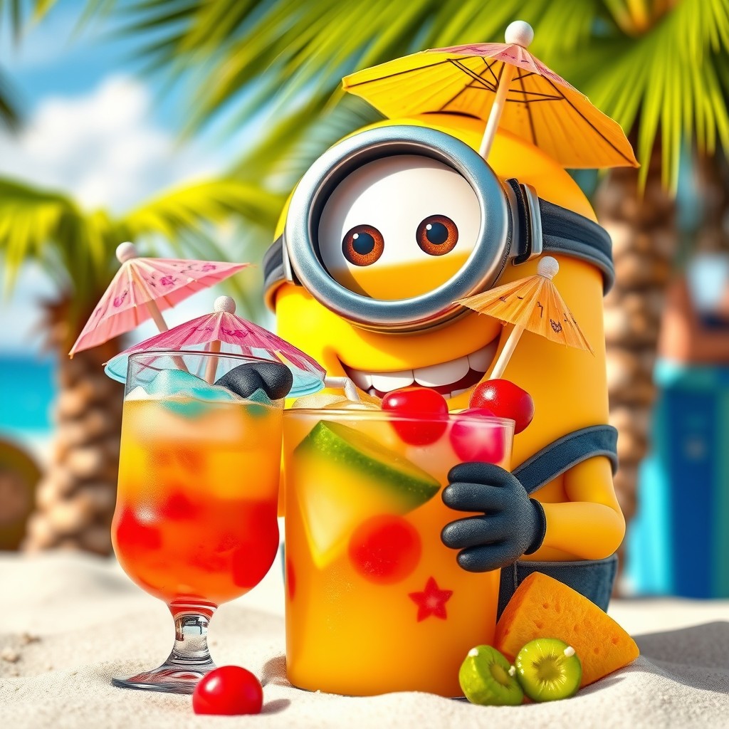 A delightful scene featuring a funny Minion character engaging in a comical moment of drinking a colorful beverage, such as a tropical cocktail with a little umbrella