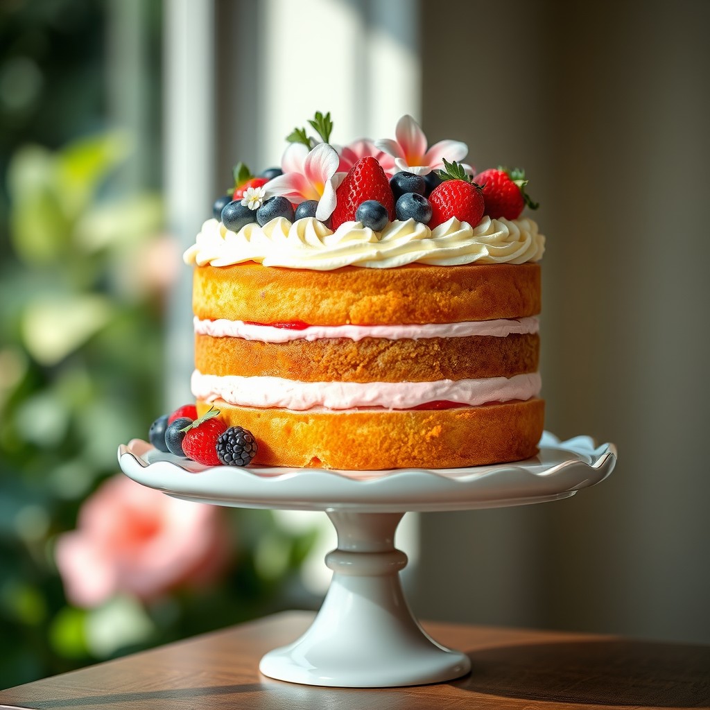 A beautifully decorated cake displayed on an elegant cake stand