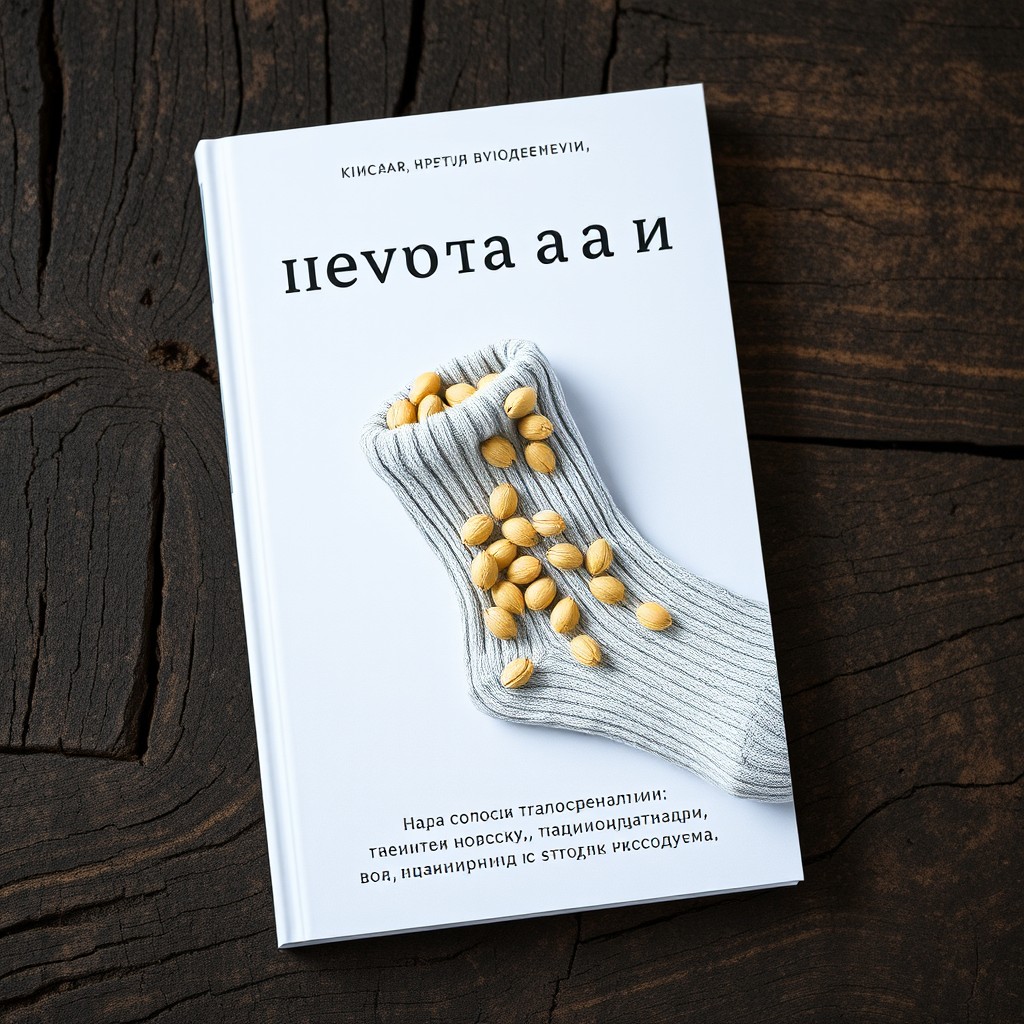 A minimalist book cover featuring a close-up of a worn but clean sock, from which bright, ripe hemp seeds are spilling out instead of coins