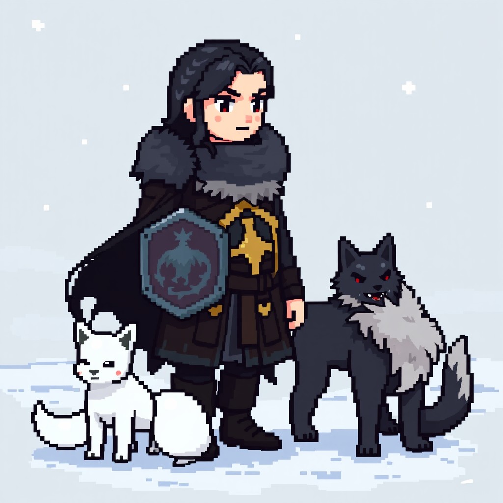 A whimsical Pokémon trainer sprite inspired by Jon Snow from A Song of Ice and Fire