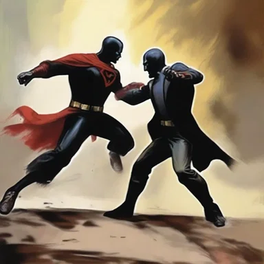 The painting depicted a tense moment where the hero intercepted the villain's attack.