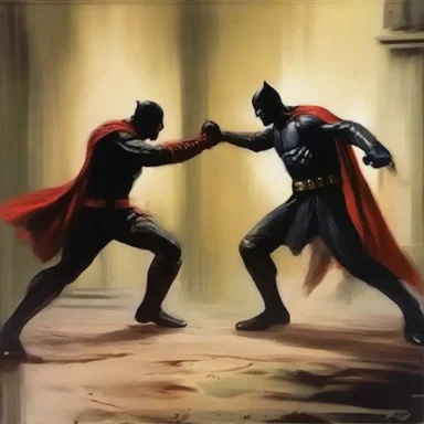 The painting depicted a tense moment where the hero intercepted the villain's attack.