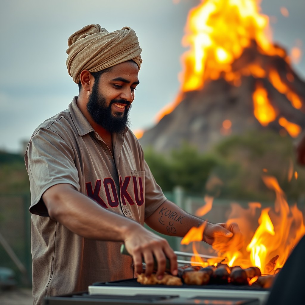A man with an Islamic appearance grilling at a barbecue, with a towering inferno in the background