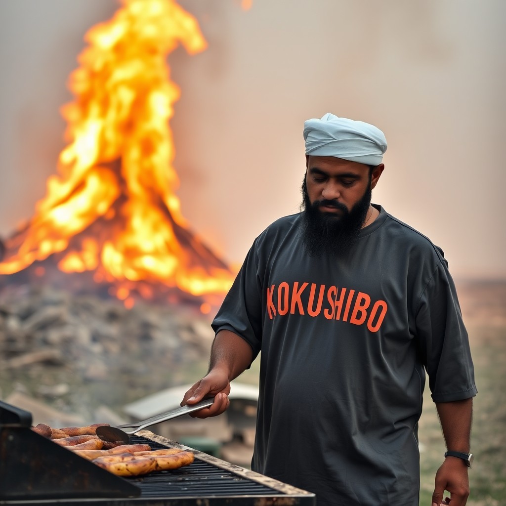 A man with an Islamic appearance grilling at a barbecue, with a burning tower in the background