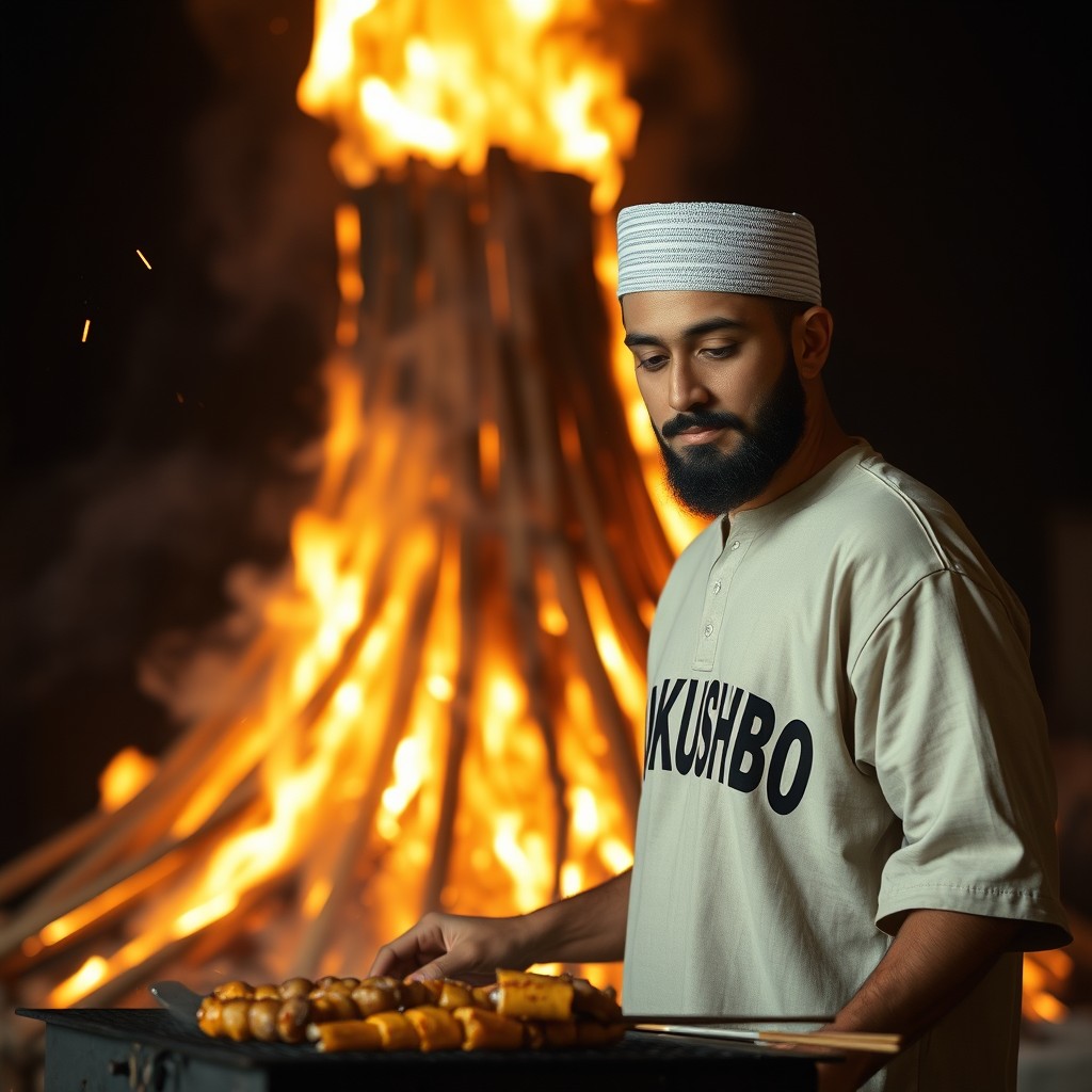 An Islamic man grilling barbecue food in front of a burning tower, creating a striking contrast between the chaos of the flames and the man's focused demeanor