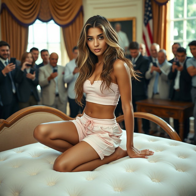 In a photorealistic scene set in the prestigious Oval Office, an adorable and gorgeous 18-year-old Arabic beauty captivates with her petite figure, characterized by a thin physique, delicate breasts, a tiny waist, and very wide hips