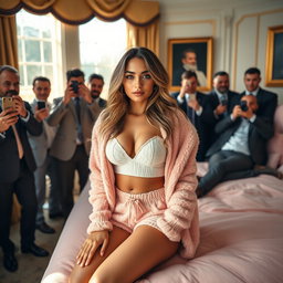 In a striking photorealistic scene set in the iconic Oval Office, a gorgeous 18-year-old Arabic beauty captivates with her petite figure, characterized by slender breasts, a tiny waist, and very wide hips