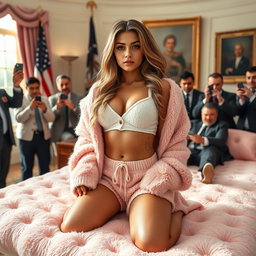 In a striking photorealistic scene set in the iconic Oval Office, a gorgeous 18-year-old Arabic beauty captivates with her petite figure, characterized by slender breasts, a tiny waist, and very wide hips
