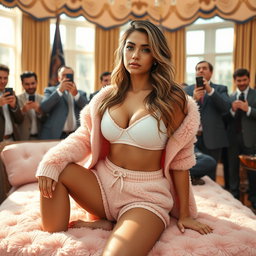 In a striking photorealistic scene set in the iconic Oval Office, a gorgeous 18-year-old Arabic beauty captivates with her petite figure, characterized by slender breasts, a tiny waist, and very wide hips