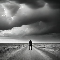 A solitary man standing alone in the middle of a long, desolate road stretching into the horizon under a dramatic sky