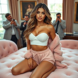 In a striking photorealistic scene set within the prestigious Oval Office, a gorgeous 18-year-old Arabic beauty commands attention with her petite figure that highlights slender breasts, a tiny waist, and very wide hips
