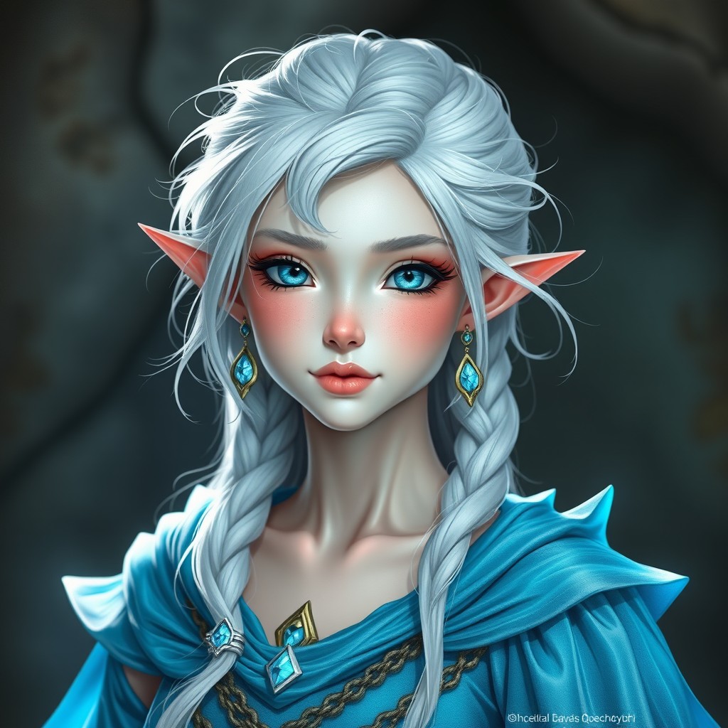 A charming half-elf sorceress with an innocent yet alluring face, radiating a bright silver-white appearance