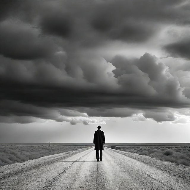 A solitary man standing alone in the middle of a long, desolate road stretching into the horizon under a dramatic sky