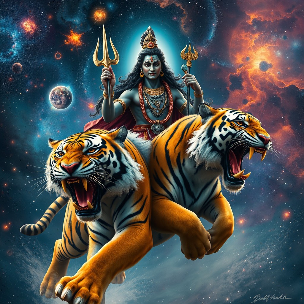 Hyper-realistic depiction of Lord Shiva adorned with intricately detailed jewelry, riding a massive wild tiger with its mouth wide open