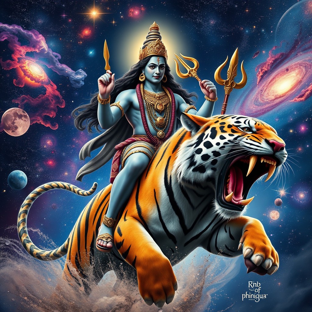 Hyper-realistic depiction of Lord Shiva adorned with intricately detailed jewelry, riding a massive one-headed wild tiger with its mouth wide open