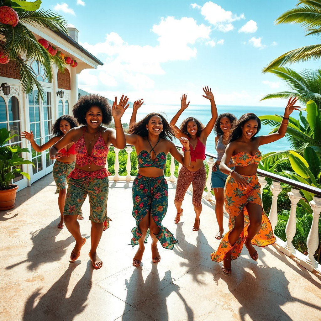 A vibrant scene depicting young Caribbean individuals dancing joyfully on the terrace of a large villa