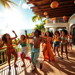 A vibrant scene depicting young Caribbean individuals dancing joyfully on the terrace of a large villa