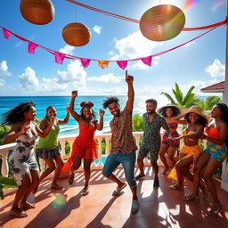 A vibrant scene depicting young Caribbean individuals dancing joyfully on the terrace of a large villa