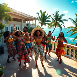 A vibrant scene depicting young Caribbean individuals dancing joyfully on the terrace of a large villa