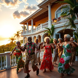 An idyllic scene depicting a group of elderly Caribbean individuals joyfully dancing on the terrace of a grand villa