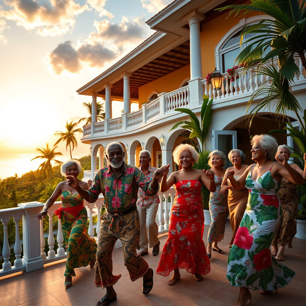 An idyllic scene depicting a group of elderly Caribbean individuals joyfully dancing on the terrace of a grand villa