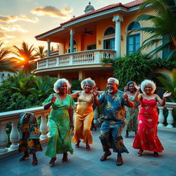 An idyllic scene depicting a group of elderly Caribbean individuals joyfully dancing on the terrace of a grand villa
