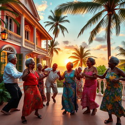 An idyllic scene depicting a group of elderly Caribbean individuals joyfully dancing on the terrace of a grand villa