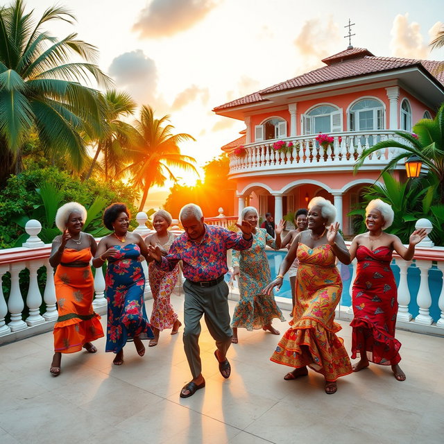 An idyllic scene depicting a group of elderly Caribbean individuals joyfully dancing on the terrace of a grand villa