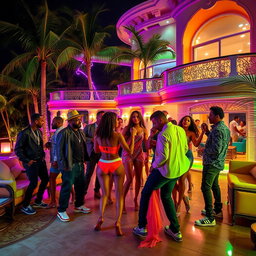 A vibrant scene featuring gangsters in stylish outfits mingling with beautiful women dancing dancehall on the terrace of a large, luxurious villa
