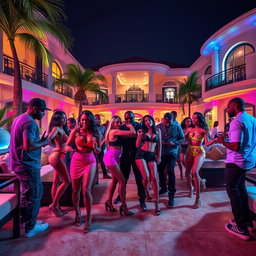 A vibrant scene featuring gangsters in stylish outfits mingling with beautiful women dancing dancehall on the terrace of a large, luxurious villa