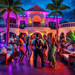 A vibrant scene featuring gangsters in stylish outfits mingling with beautiful women dancing dancehall on the terrace of a large, luxurious villa