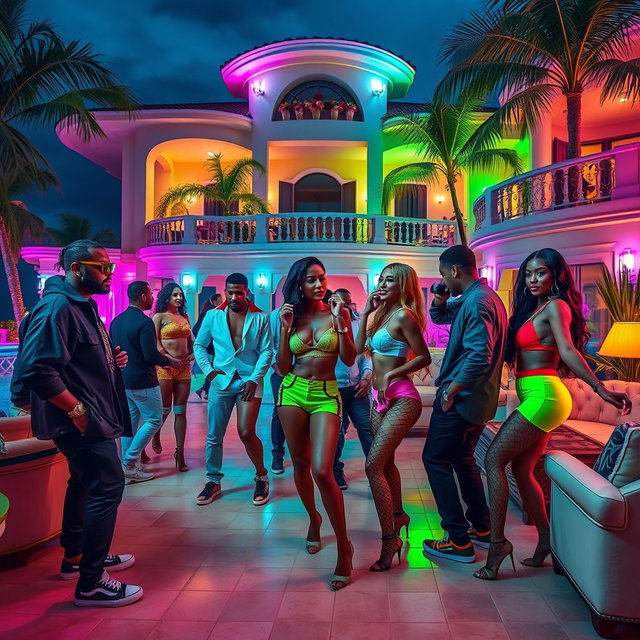 A vibrant scene featuring gangsters in stylish outfits mingling with beautiful women dancing dancehall on the terrace of a large, luxurious villa
