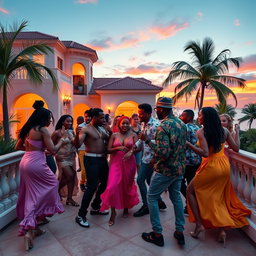 A vibrant scene showcasing gangsters with stylish outfits mingling with women dancing to dancehall music on the terrace of a luxurious villa