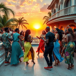 A vibrant scene showcasing gangsters with stylish outfits mingling with women dancing to dancehall music on the terrace of a luxurious villa