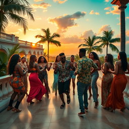 A vibrant scene showcasing gangsters with stylish outfits mingling with women dancing to dancehall music on the terrace of a luxurious villa