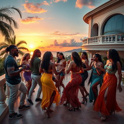 A vibrant scene showcasing gangsters with stylish outfits mingling with women dancing to dancehall music on the terrace of a luxurious villa