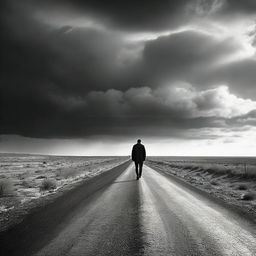 A solitary man standing alone in the middle of a long, desolate road stretching into the horizon under a dramatic sky