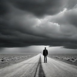 A solitary man standing alone in the middle of a long, desolate road stretching into the horizon under a dramatic sky