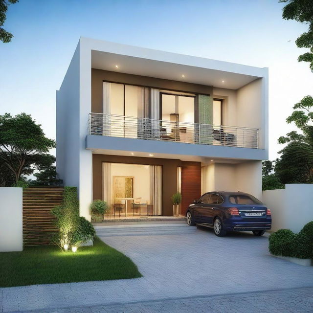 A contemporary two-story house covering an area of 200 square meters, displaying a well-balanced mix of elegance and comfort.