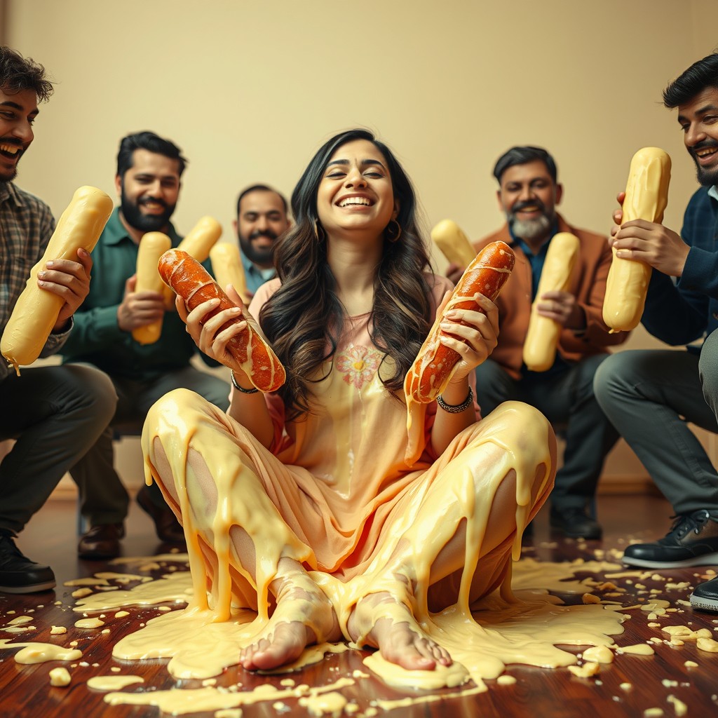A vibrant and playful scene featuring a beautiful young Pakistani woman made entirely of melting cheese, sitting cross-legged with a joyful smile and her eyes closed