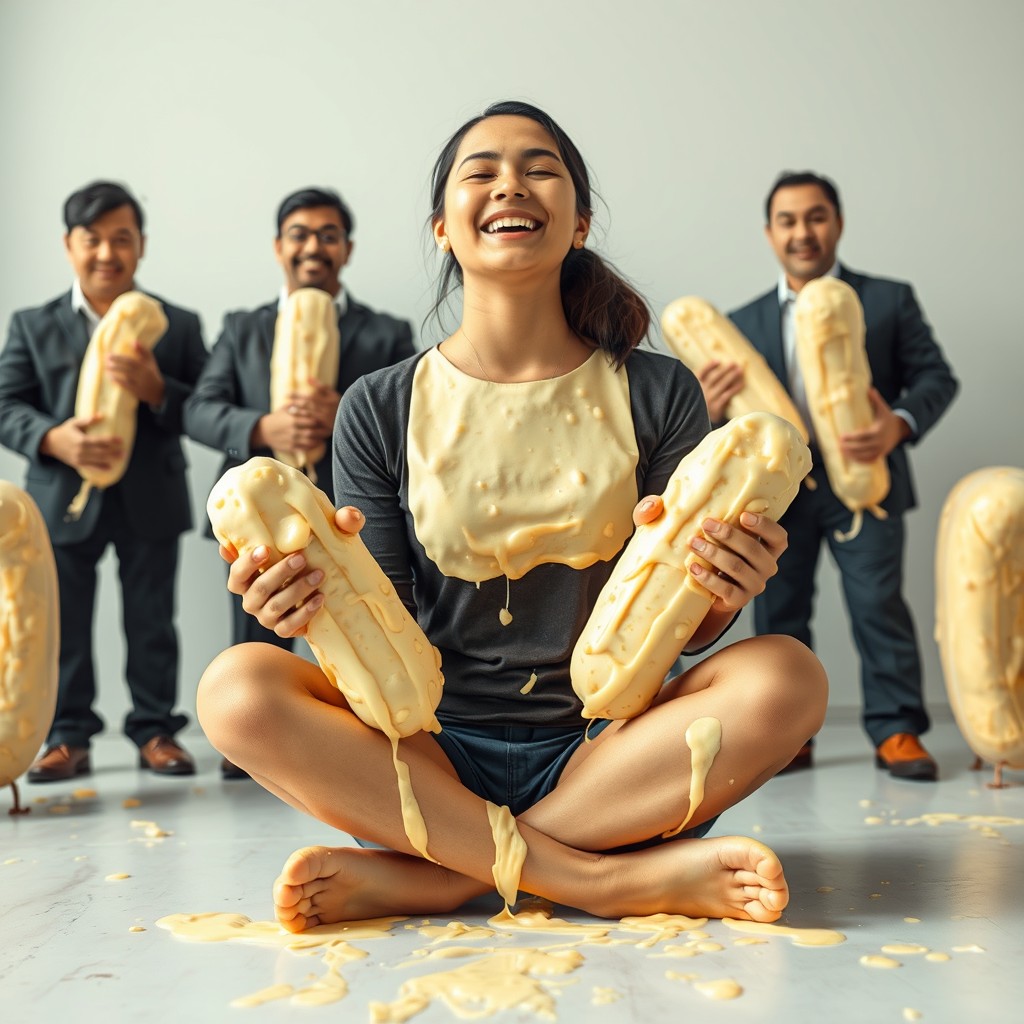 A playful and whimsical scene featuring a young woman of South Asian descent, smiling with her eyes closed while sitting criss-cross