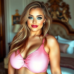 A mesmerizing young woman with a thin face that radiates beauty and innocence, featuring voluptuous curves that include a soft pot belly and pronounced side love handles