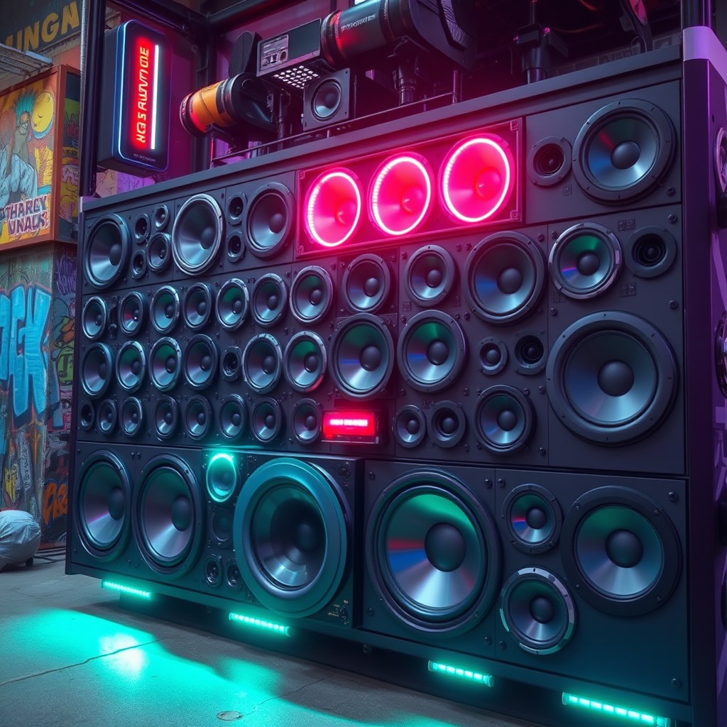 A massive automotive sound wall, showcasing an impressive array of speakers and subwoofers, meticulously designed for high-performance sound
